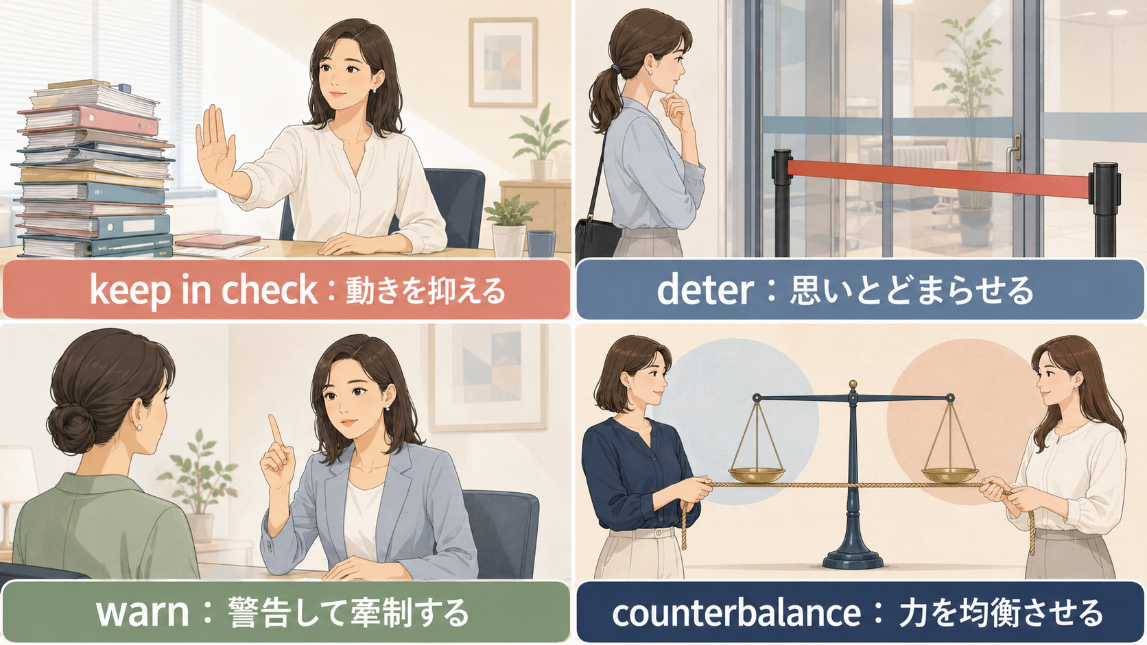 keep in check・deter・warn・counterbalanceの意味を4場面で比較