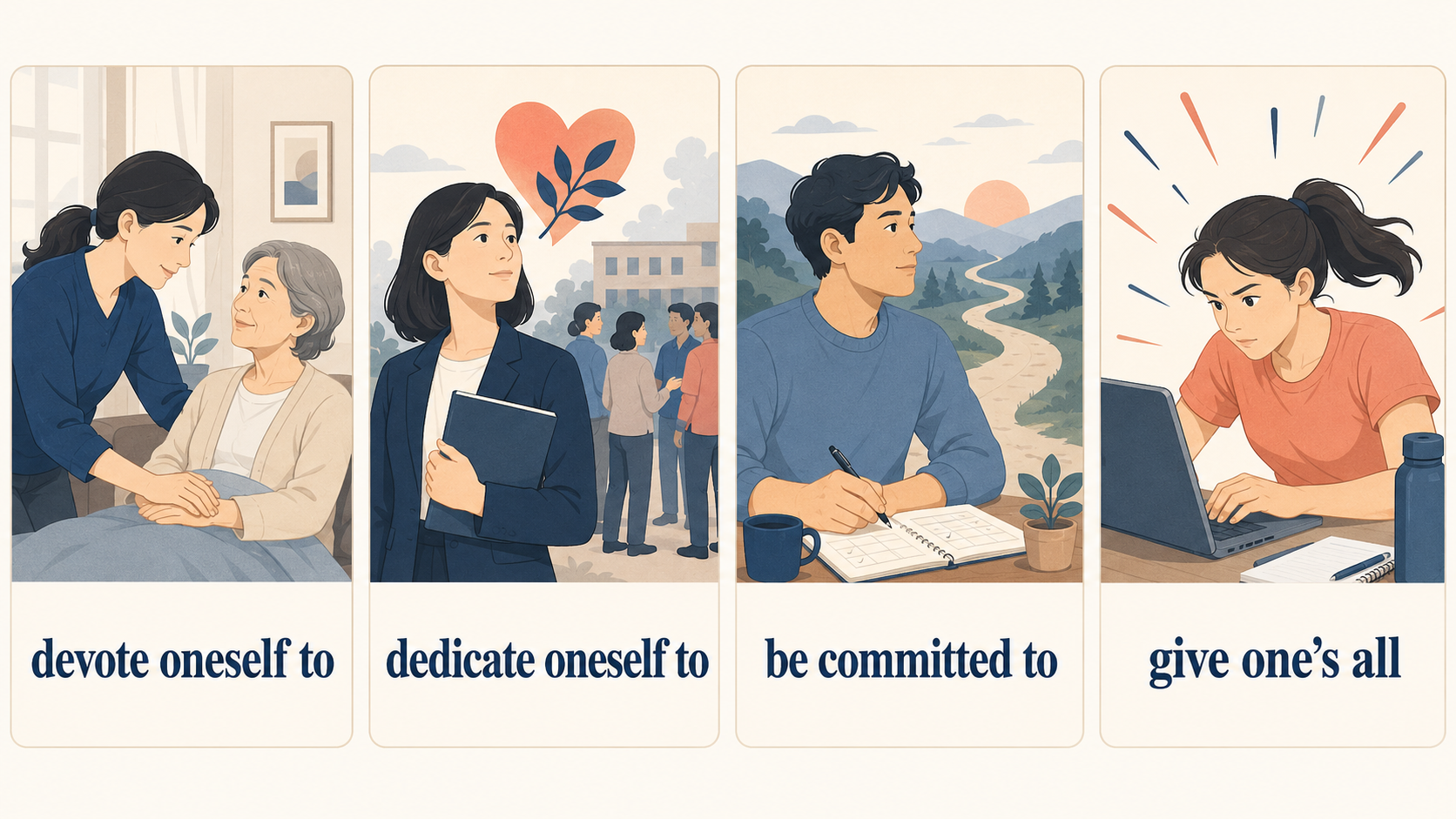 devote oneself to・dedicate oneself to・be committed to・give one’s allの違いを示すイラスト