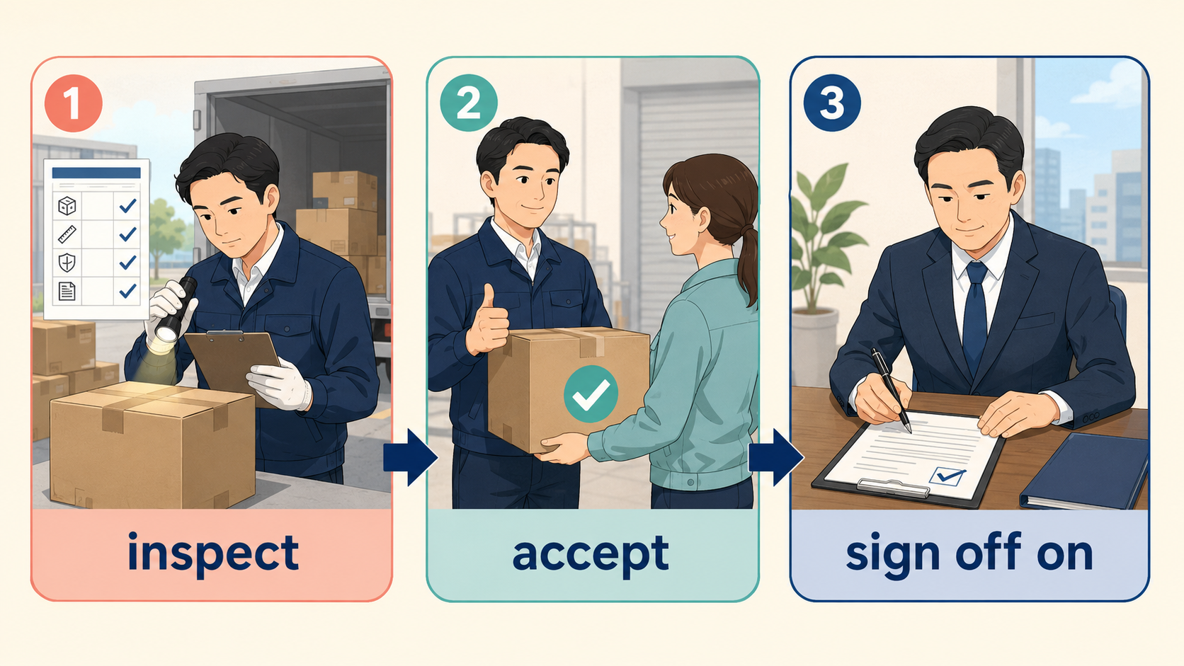 inspect・accept・sign off onで表す検収の流れ