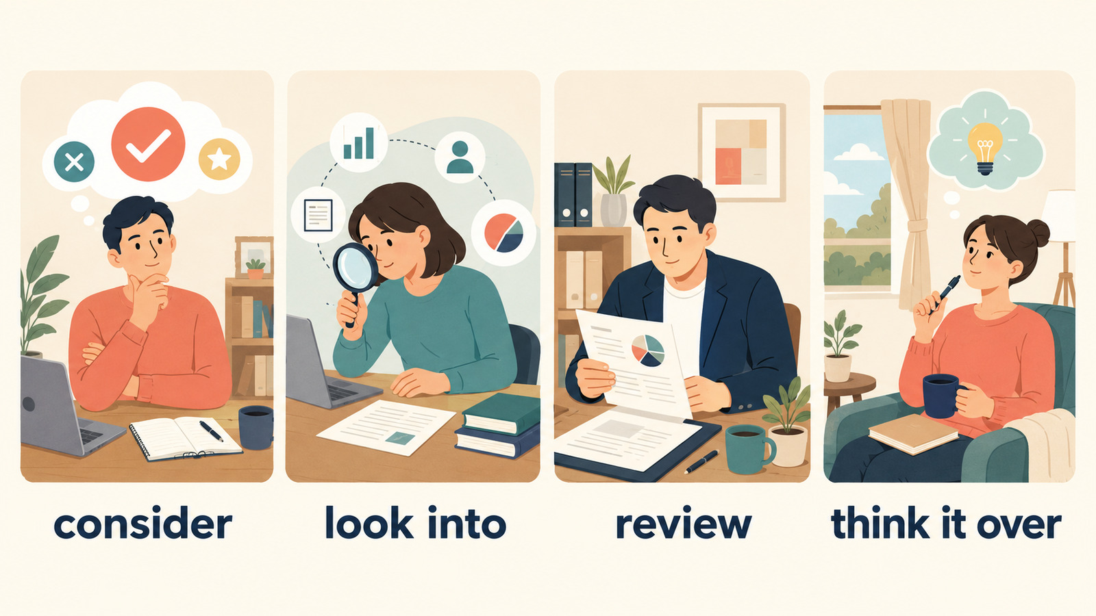 検討するを表すconsider・look into・review・think it overの使い分け