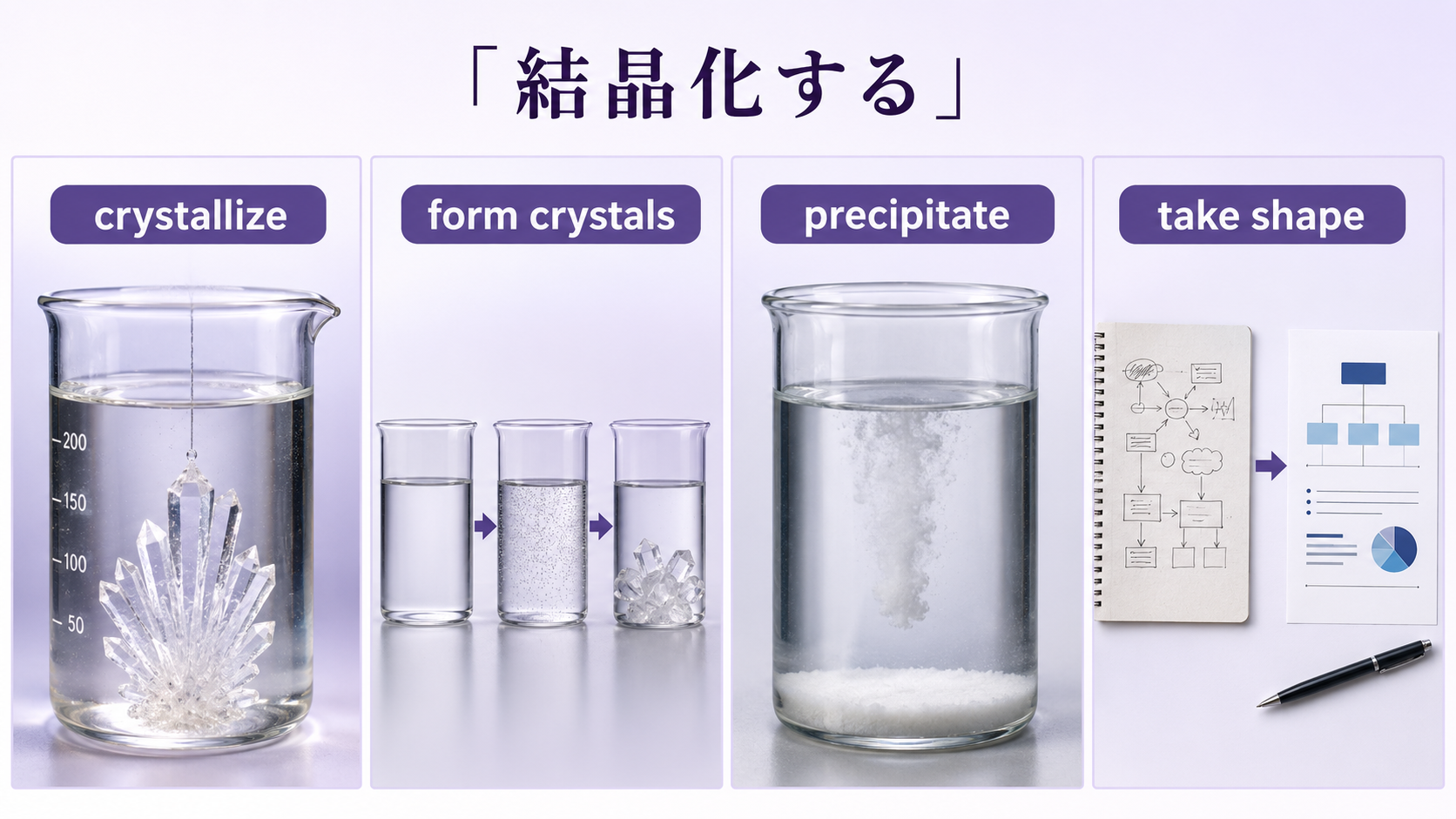 crystallize・form crystals・precipitate・take shapeの違いを示す図