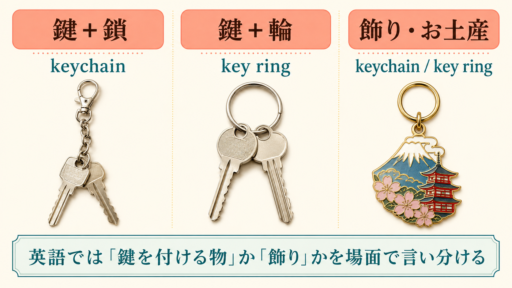 鍵と鎖はkeychain、鍵と輪はkey ring、飾りは場面で言い分ける解説図