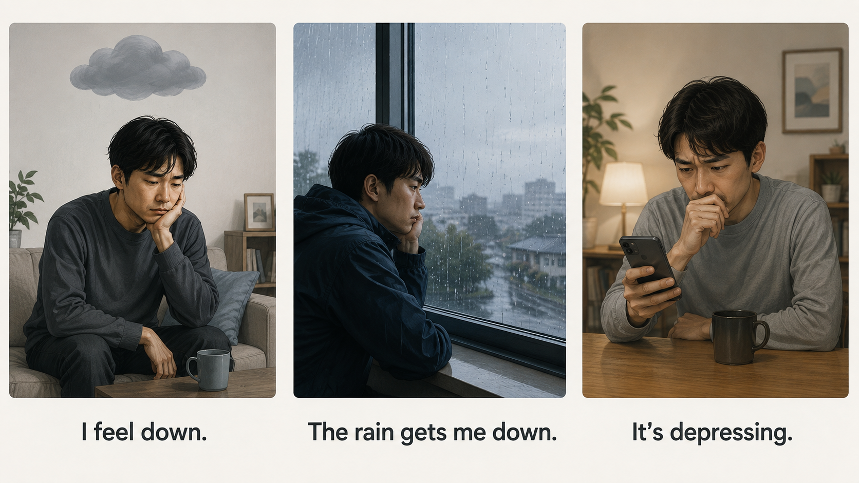 I feel down、The rain gets me down、It's depressingの違いを表す3場面のイラスト