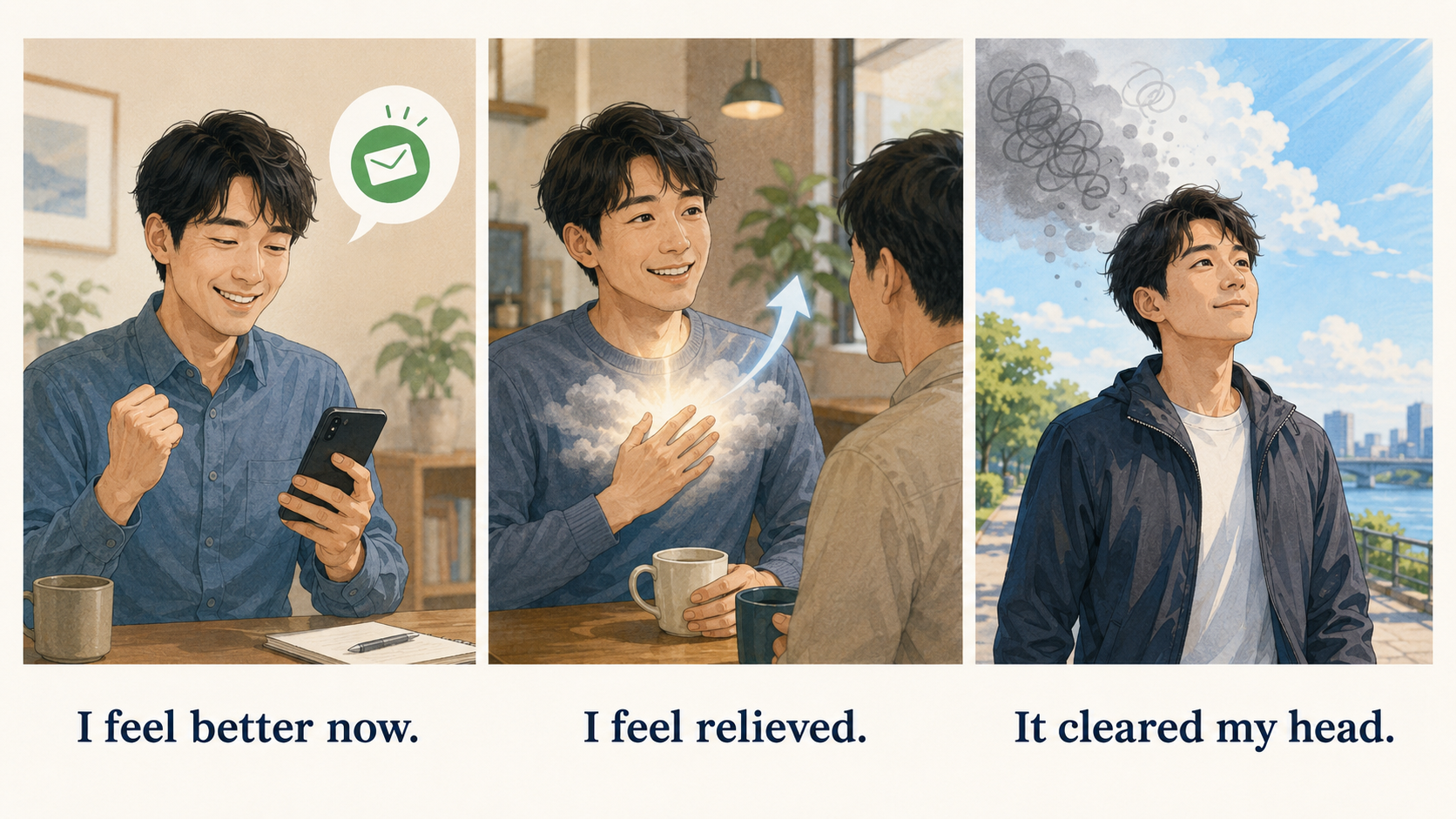 I feel better now、I feel relieved、It cleared my headの違いを表す3場面のイラスト
