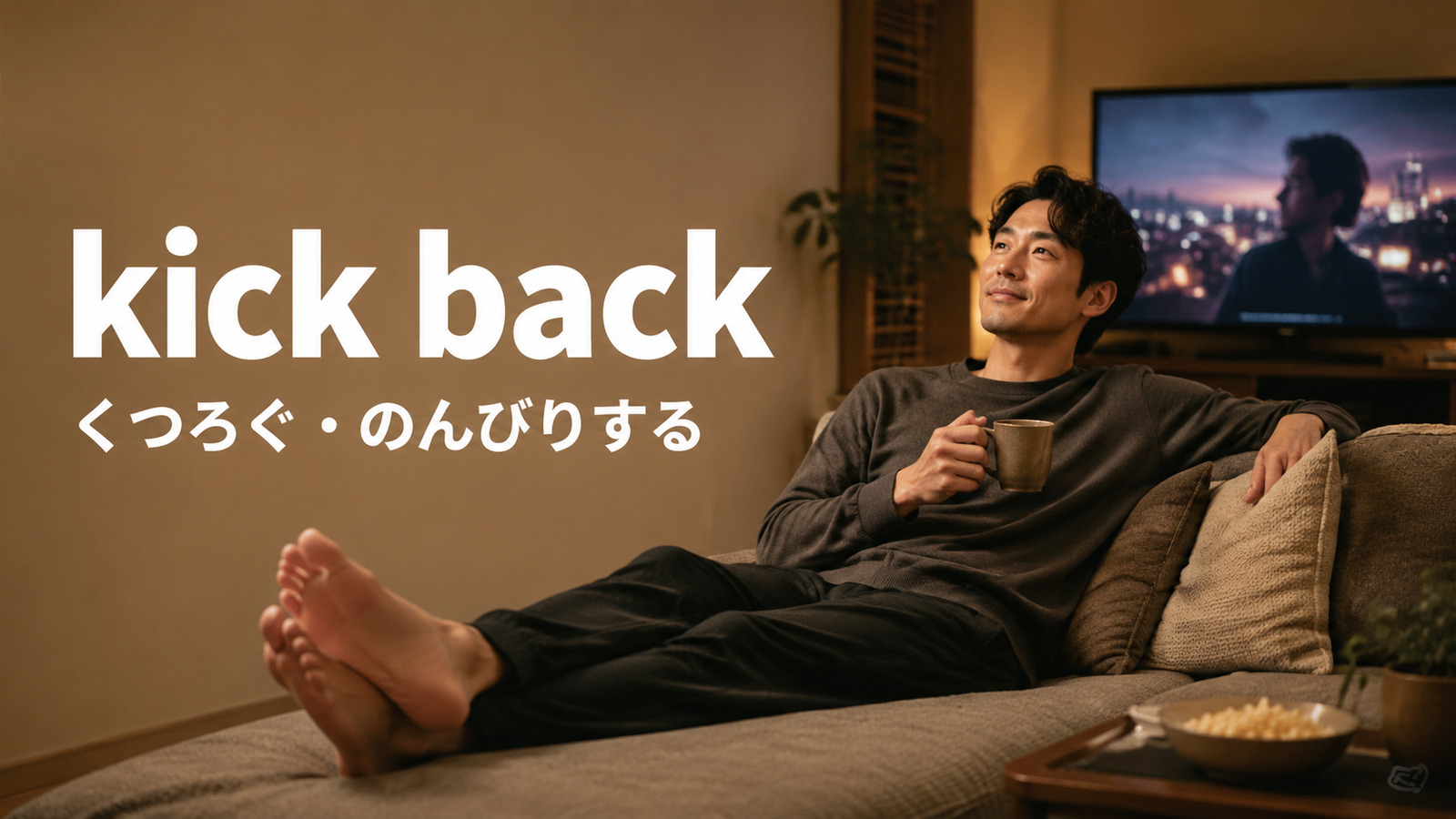 kick back（くつろぐ・のんびりする）の意味を表すアイキャッチ画像