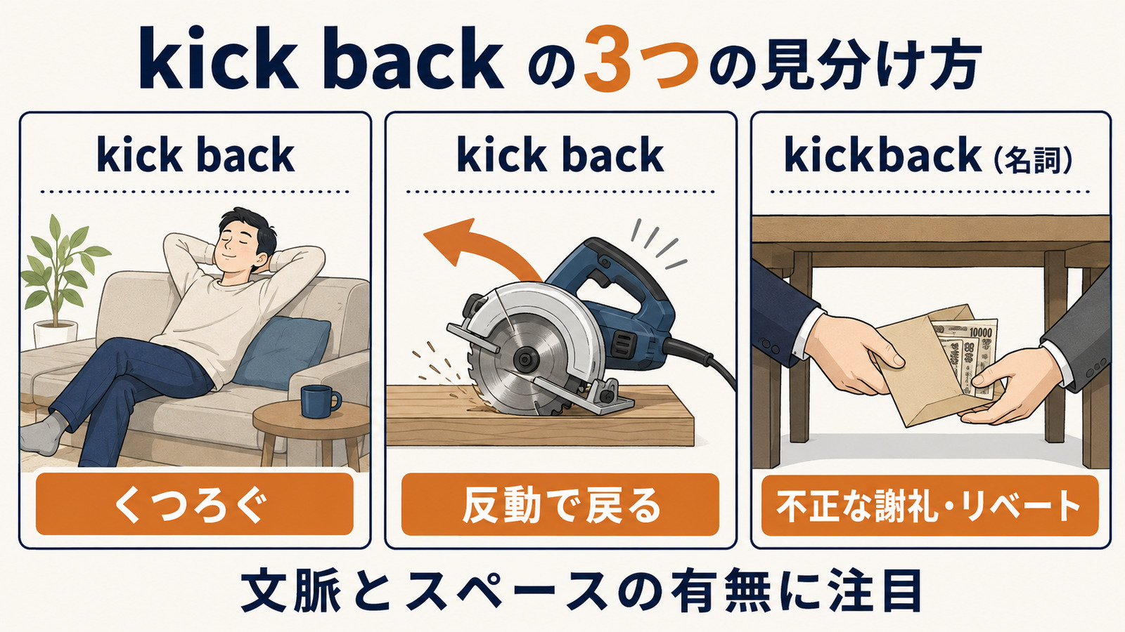 kick backの「くつろぐ」「反動で戻る」とkickback「不正な謝礼」の違い
