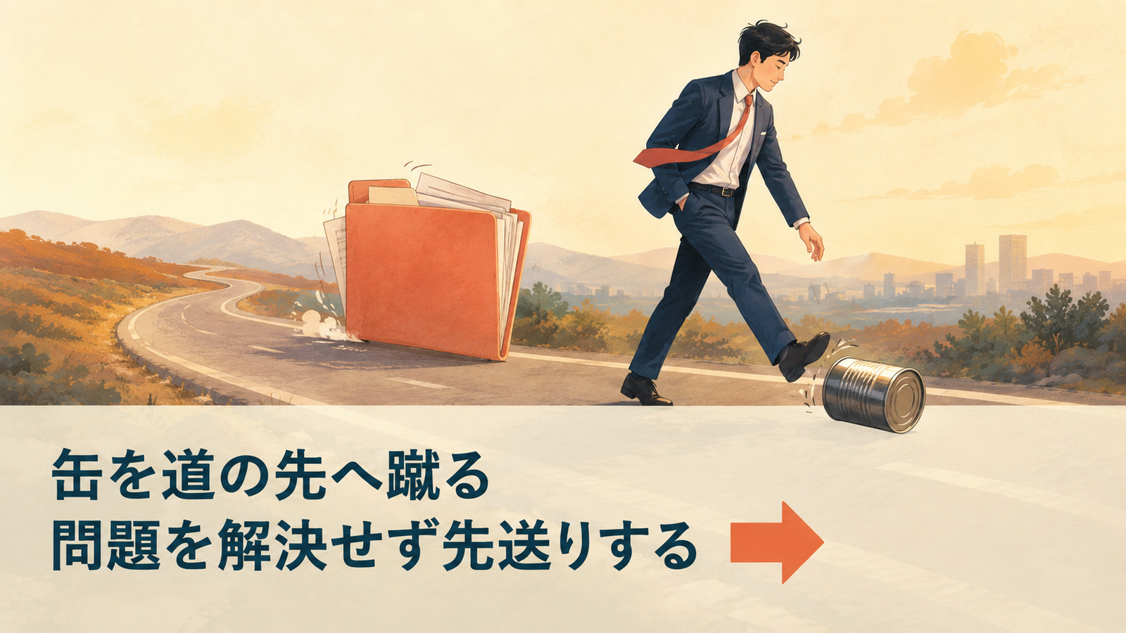kick the can down the roadの直訳と実際のニュアンスを比較する解説イラスト