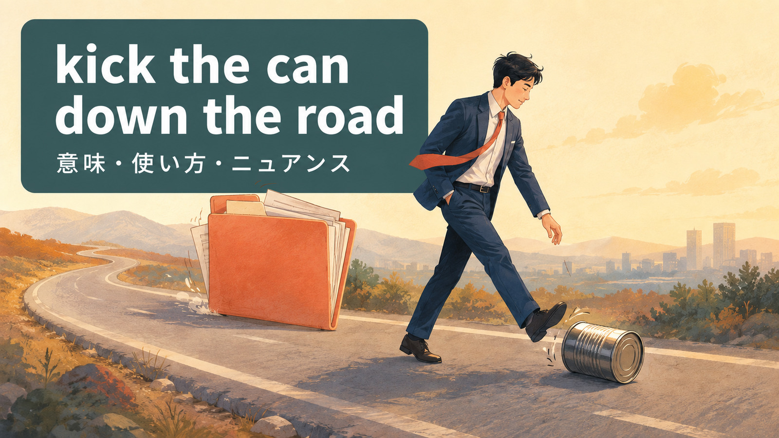 kick the can down the roadの意味と使い方を示すアイキャッチ