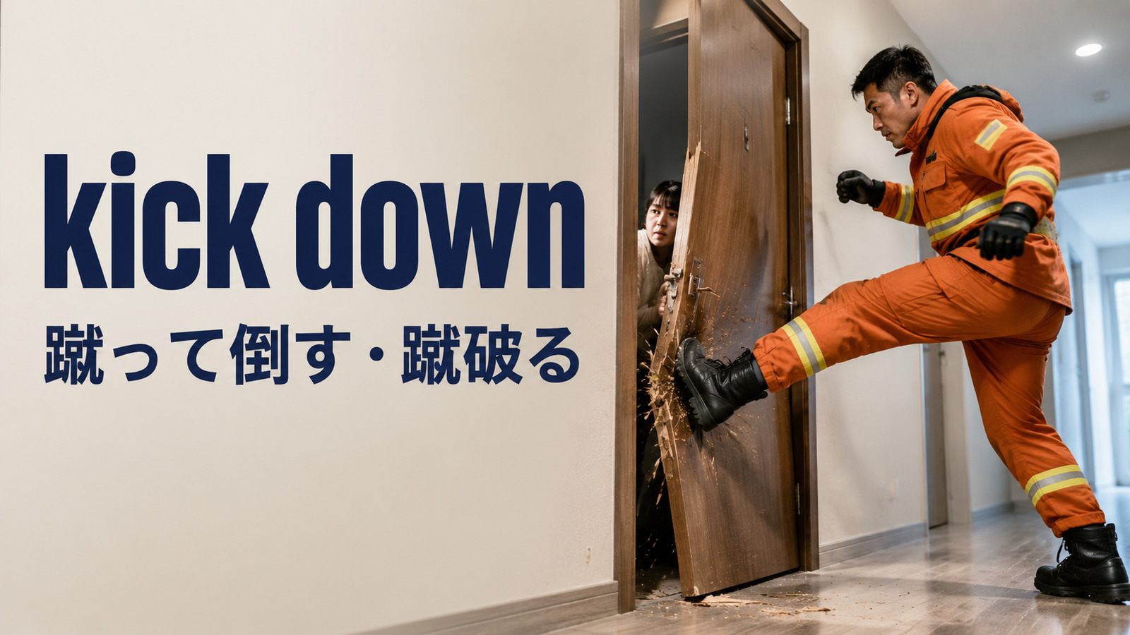 kick downの意味は？「蹴って倒す・蹴破る」の語順とkick inとの違い