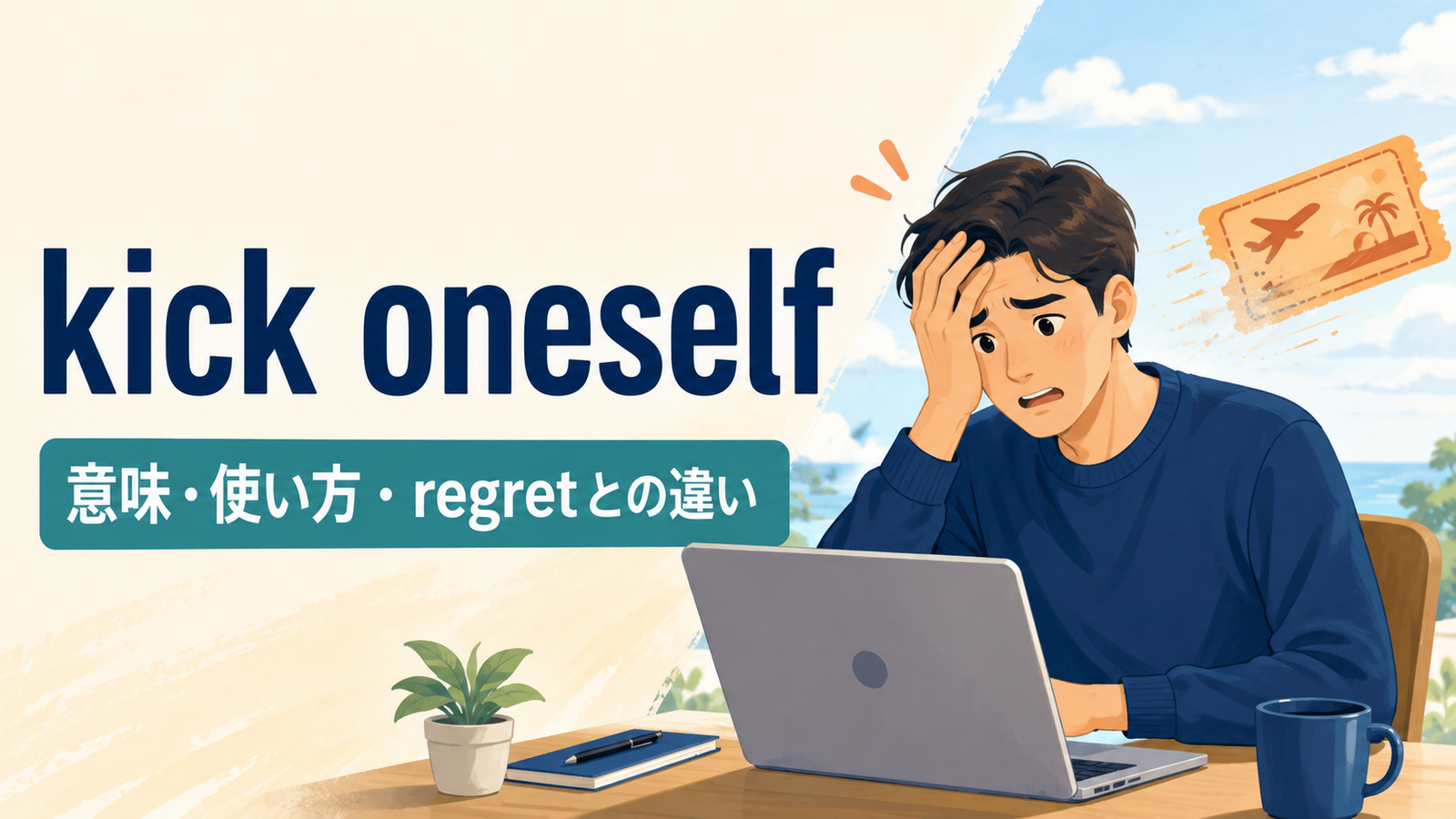 kick oneselfの意味「自分のミスや逃した機会を悔しく思う」を表すアイキャッチ画像