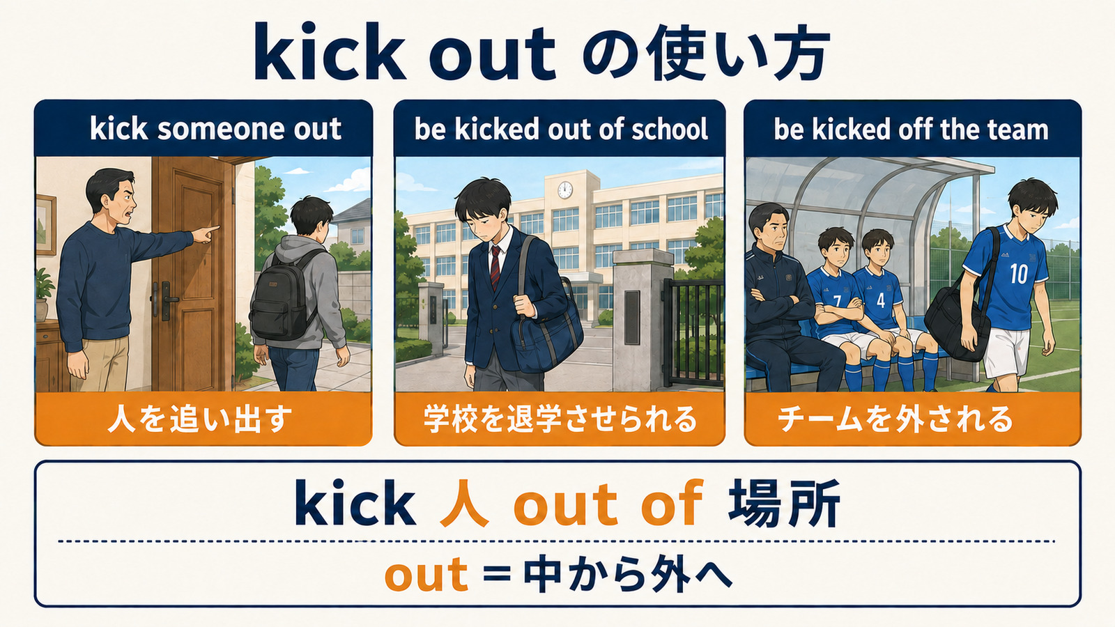 kick someone out、be kicked out of school、be kicked off the teamの使い分け