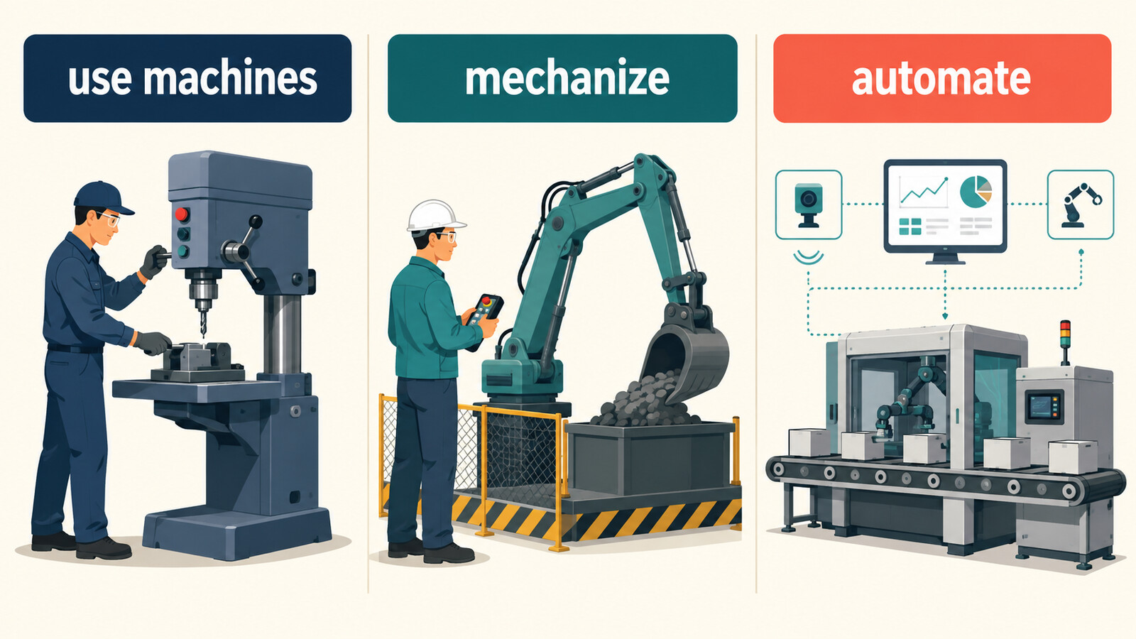 use machines・mechanize・automateの違いを表した図
