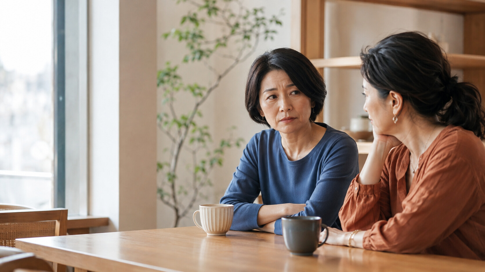 カフェで会話が気まずくなり戸惑う二人の女性