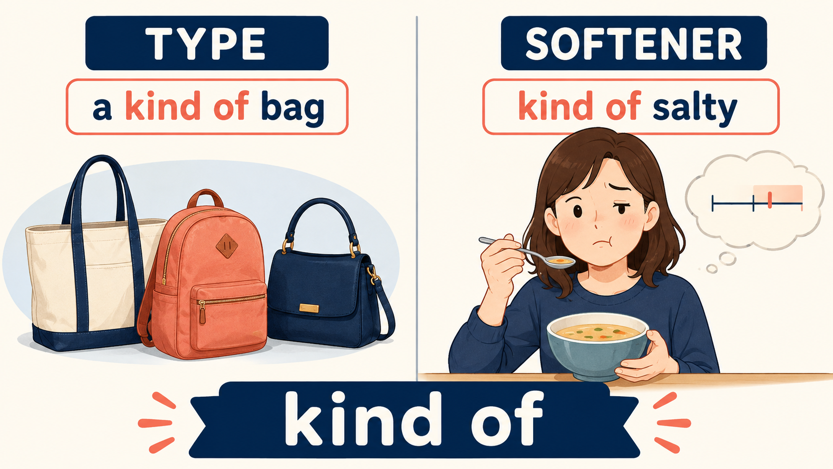 kind ofの種類を表す用法と表現を和らげる用法の違いを示す図解