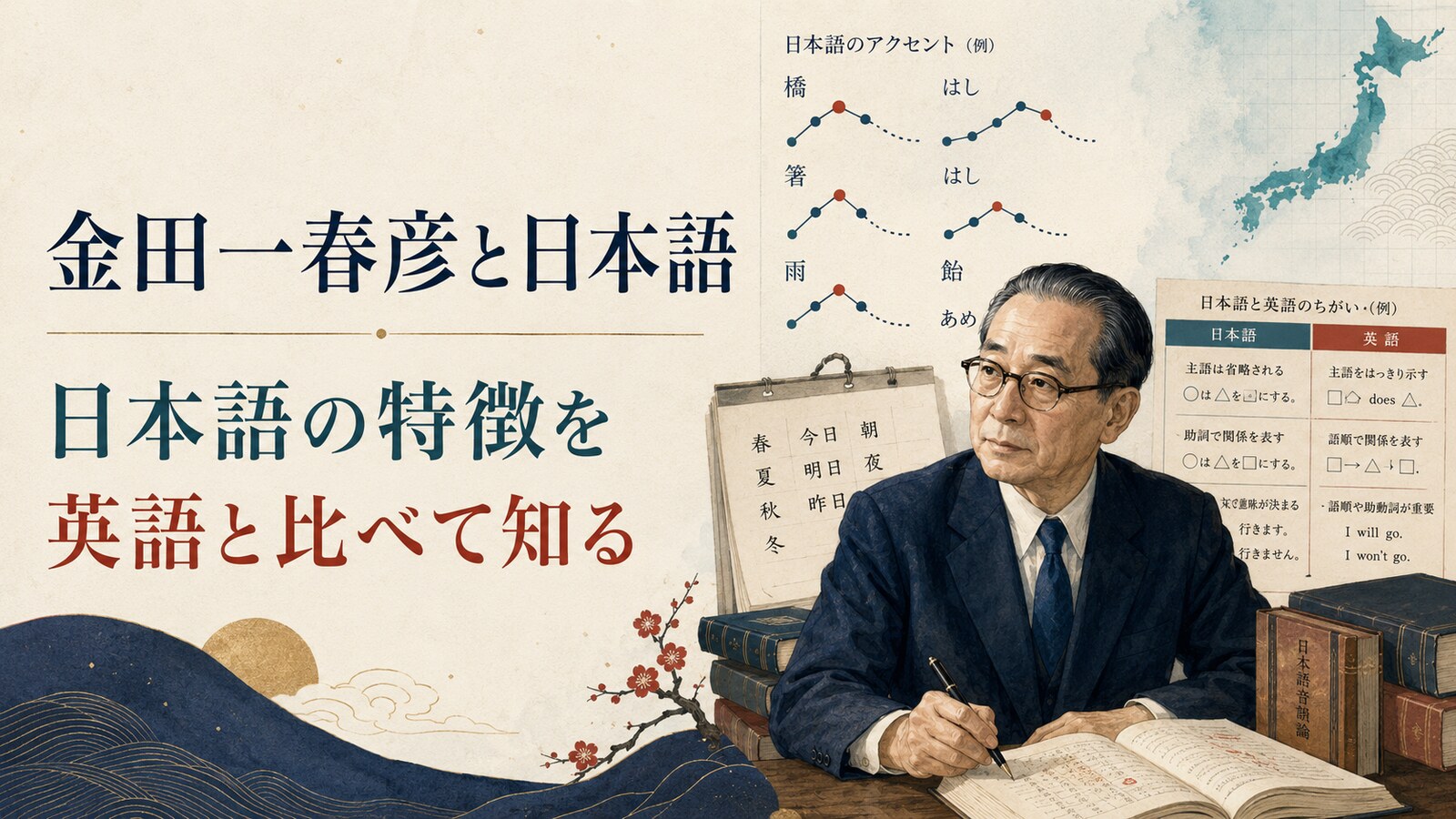金田一春彦の日本語研究を表すイラスト