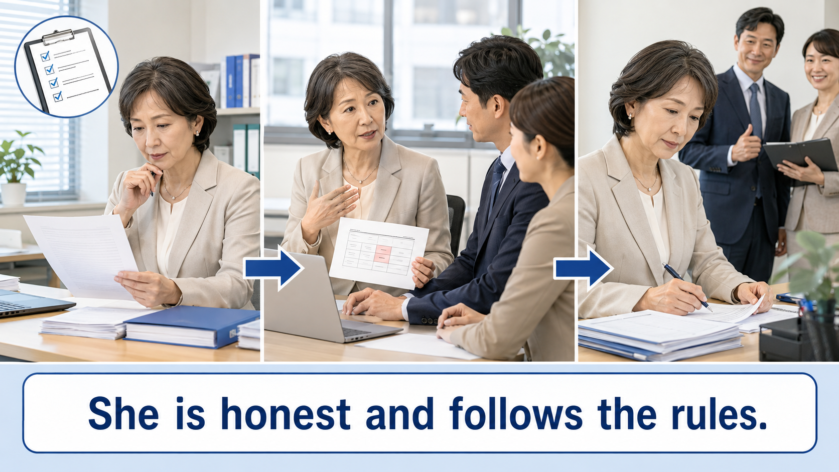 She is honest and follows the rules.で謹厳実直を簡単に説明するイラスト