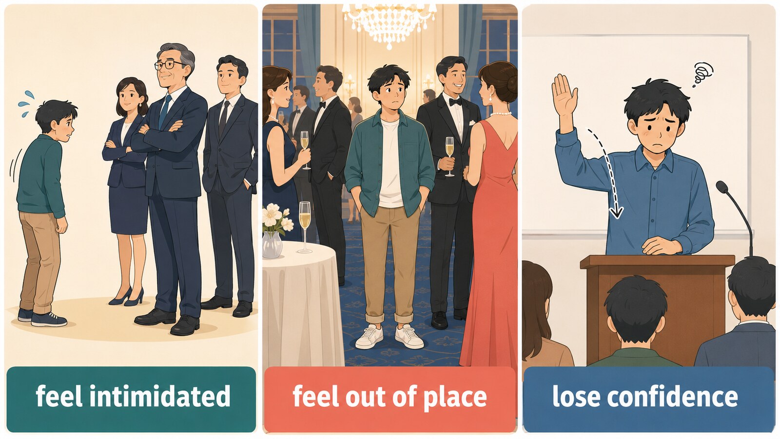 feel intimidated、feel out of place、lose confidenceで気後れする理由の違いを示すイラスト