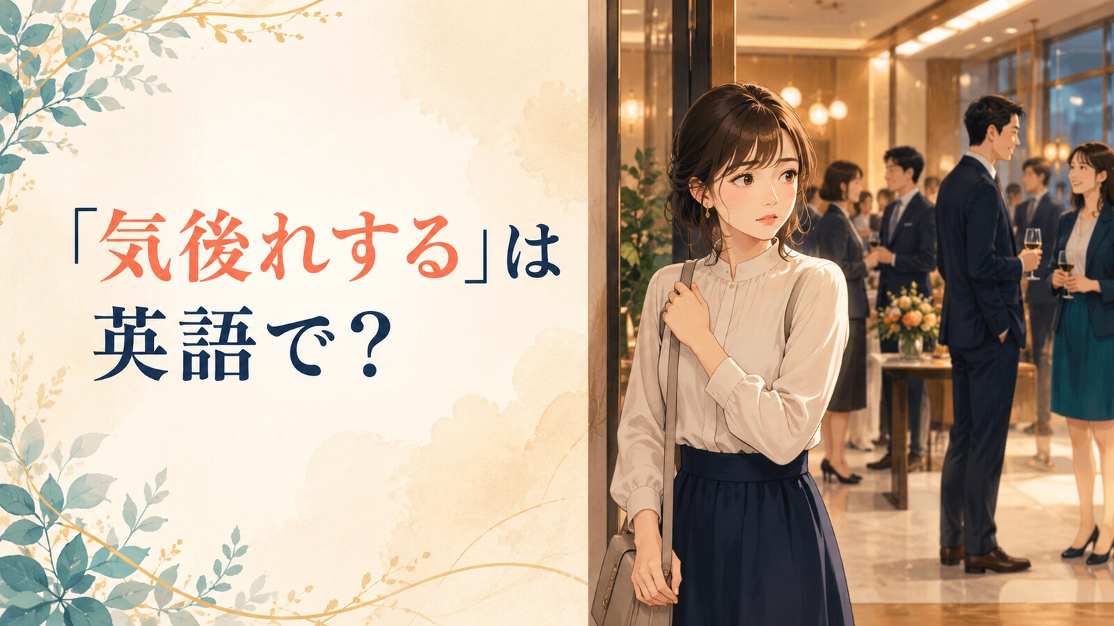「気後れする」は英語で？と華やかな交流会の入口でためらう女性のイラスト