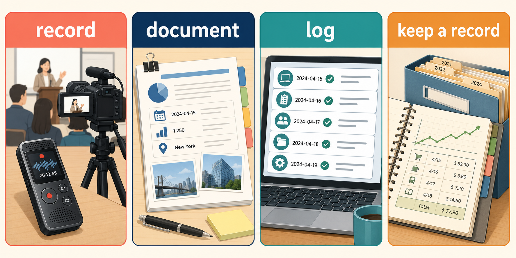 record・document・log・keep a recordの違いを場面別に比較