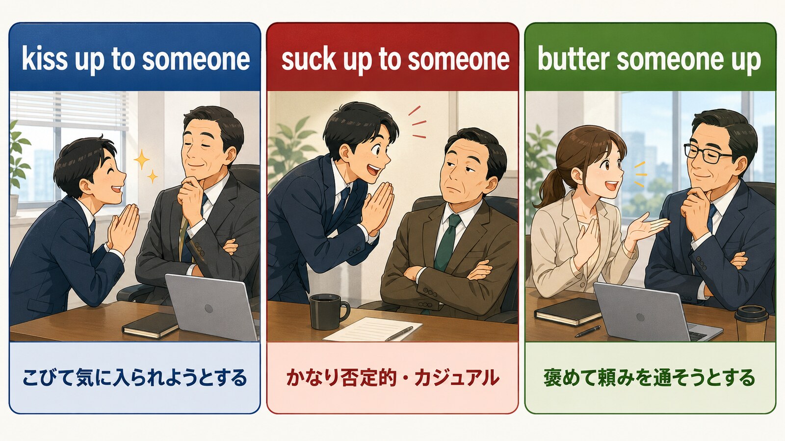 kiss up to・suck up to・butter someone upのニュアンスの違いを示す解説図
