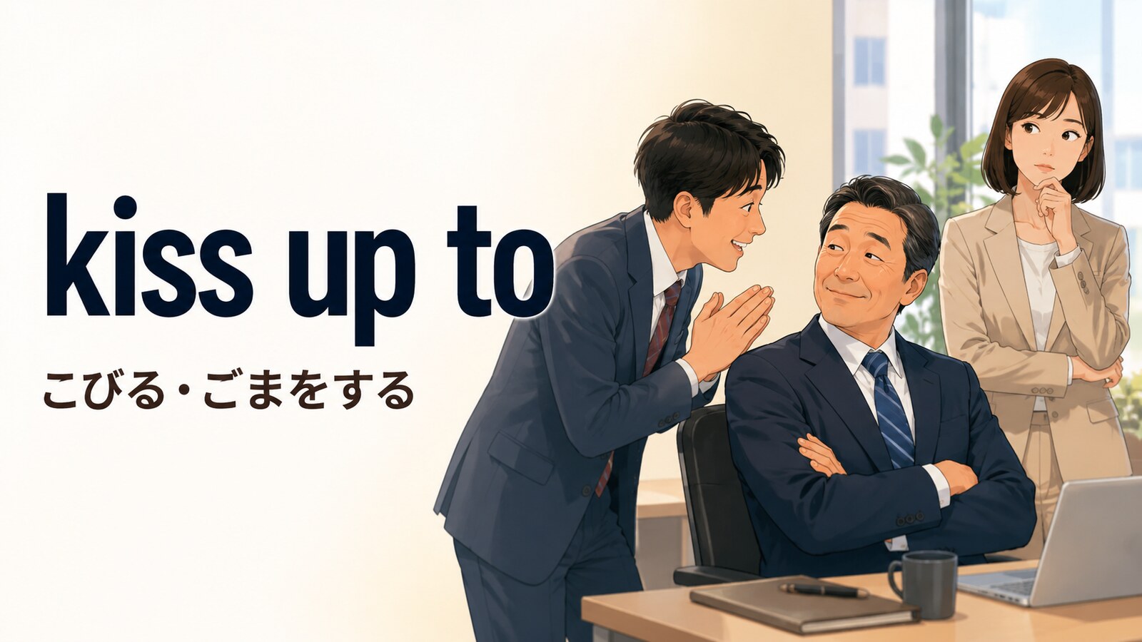 kiss up to（こびる・ごまをする）の意味を表すアイキャッチ画像