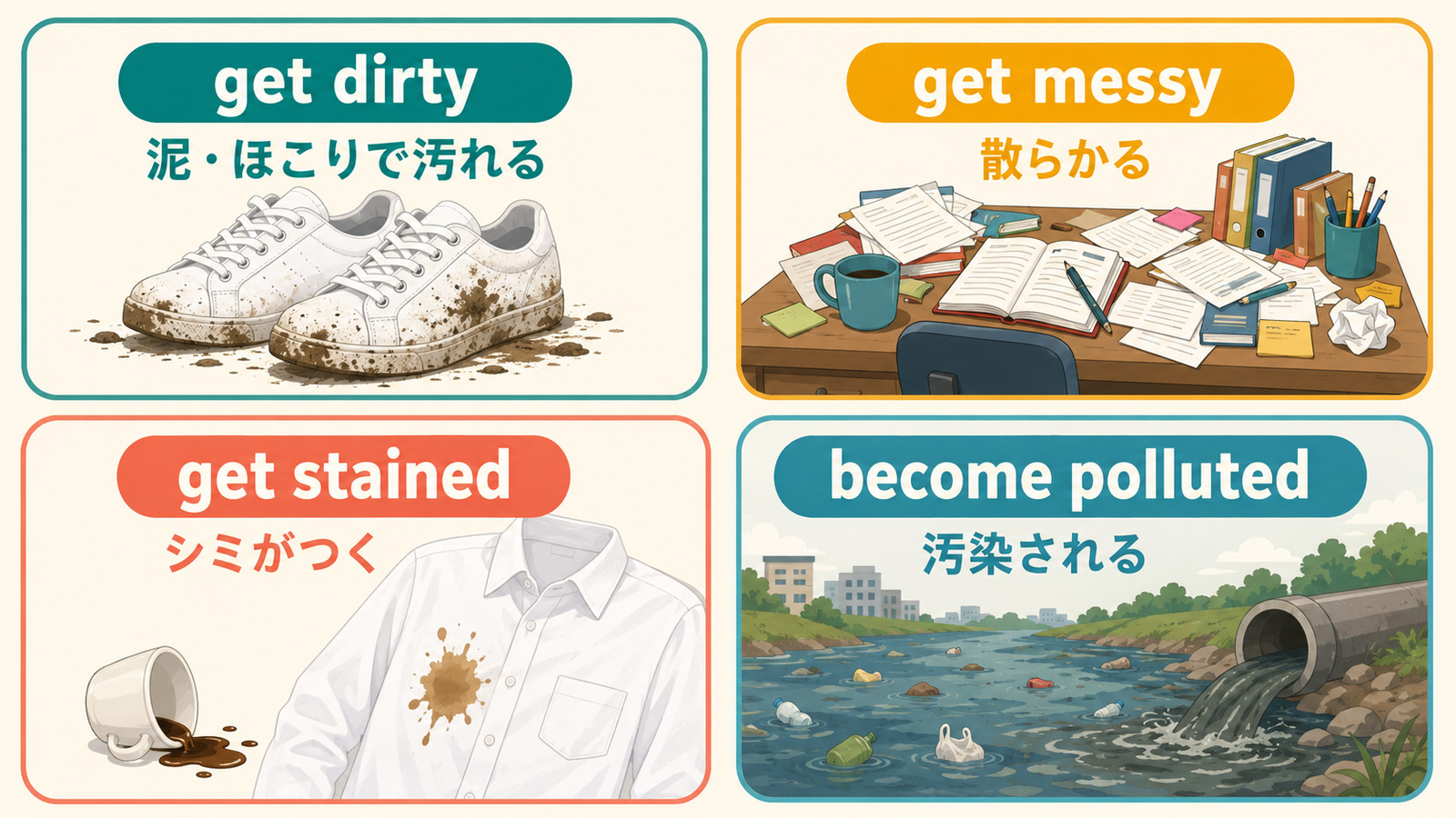 get dirty・get messy・get stained・become pollutedの違い