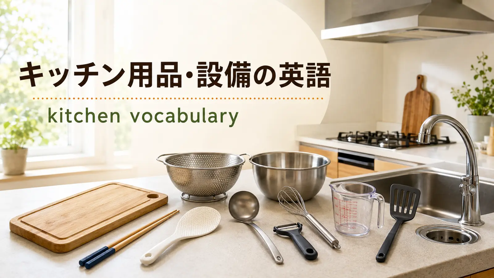 キッチン用品・設備は英語で？換気扇・蛇口・まな板・調理器具を並べたキッチン