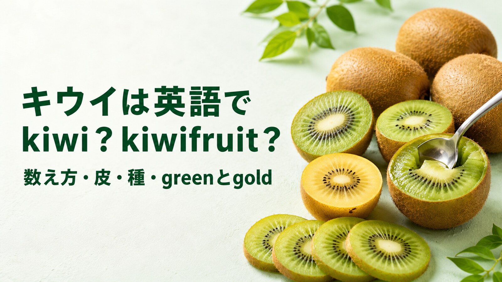茶色い皮のキウイフルーツ、緑と黄色の断面、薄切りとスプーンですくった果肉