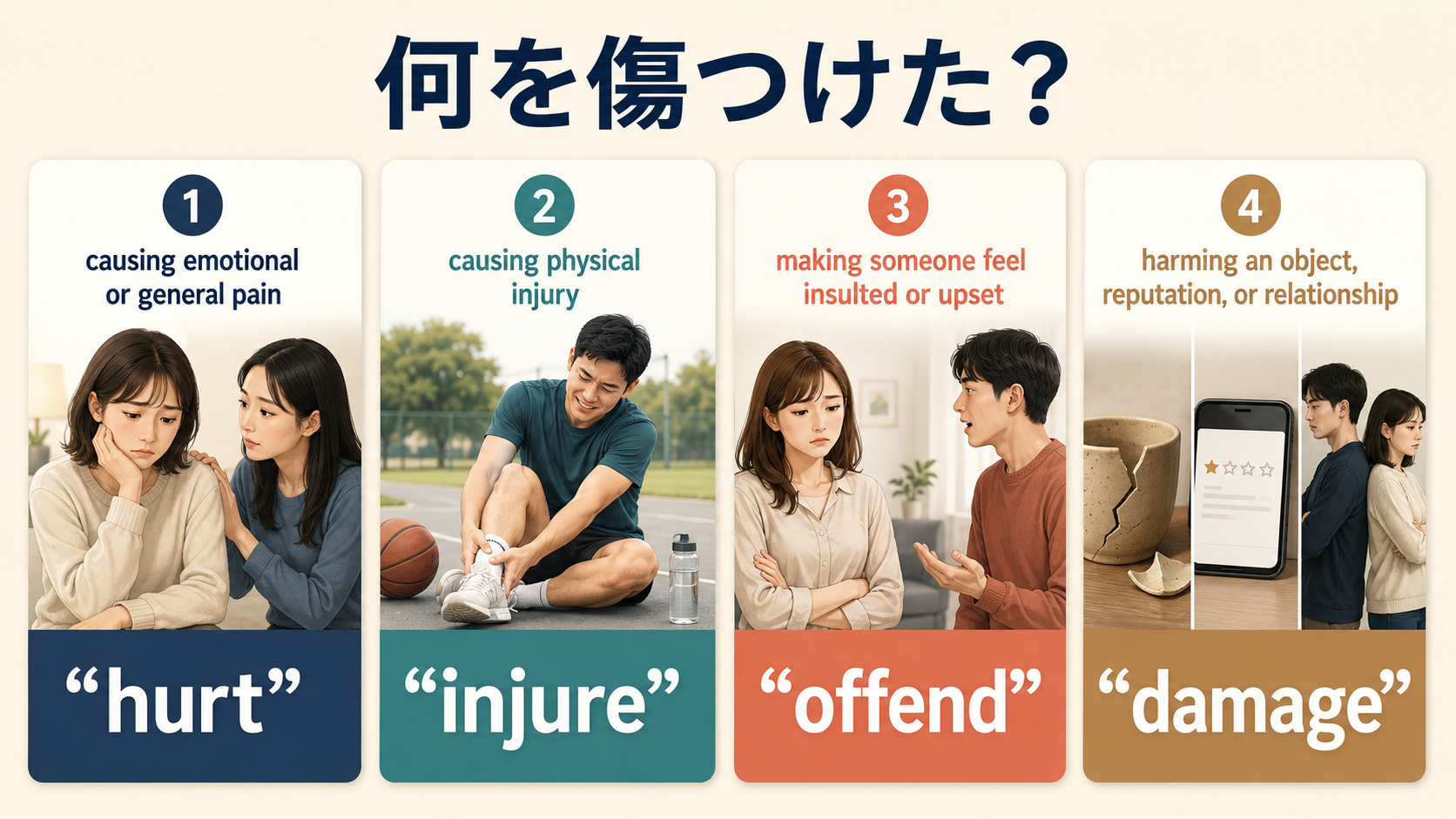 hurt・injure・offend・damageの違いを示したイラスト