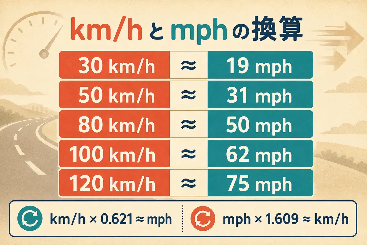 km/hとmphの換算早見表