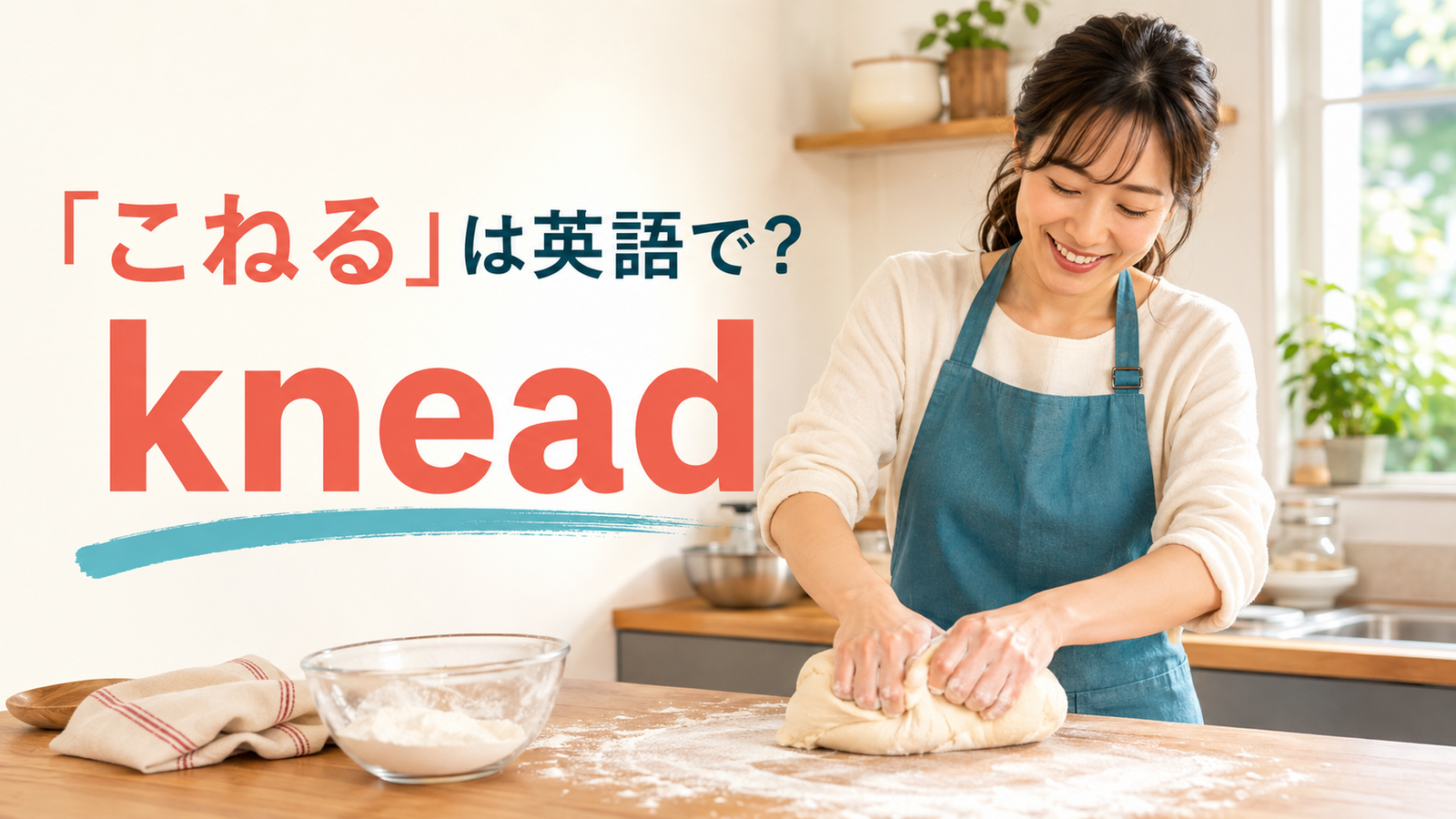 「こねる」は英語で?パン生地を両手でこねる女性とkneadの文字