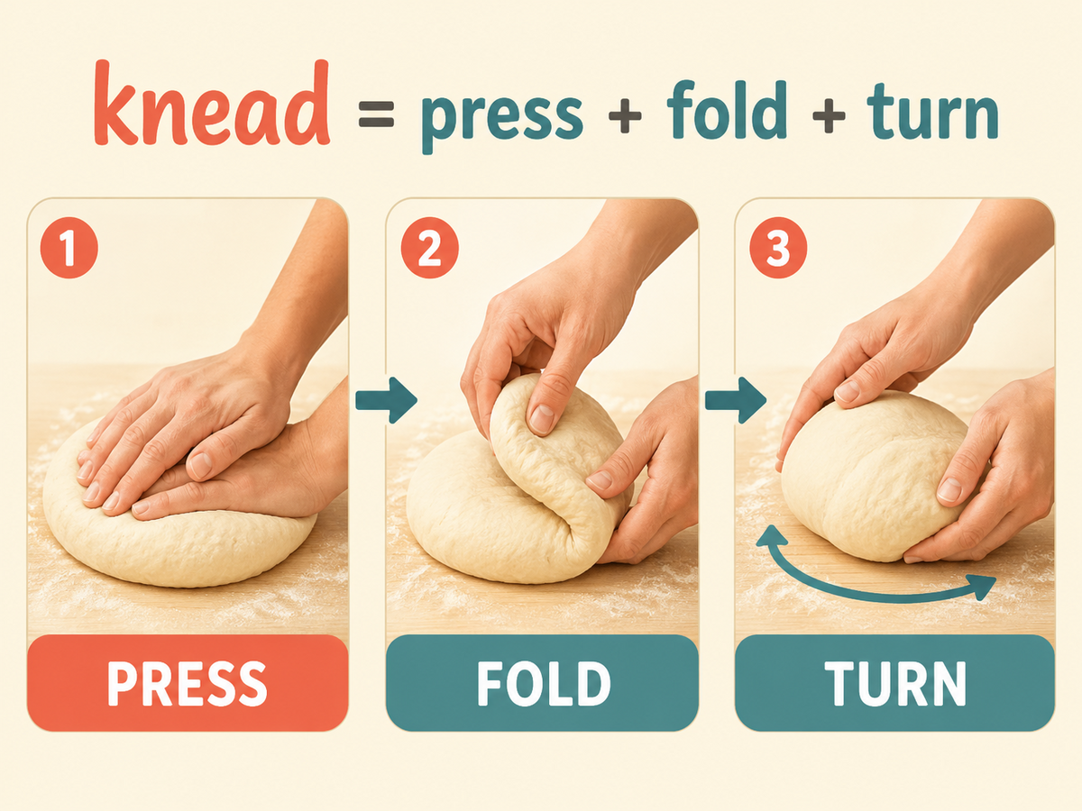 kneadをpress、fold、turnの3動作に分解した解説イラスト