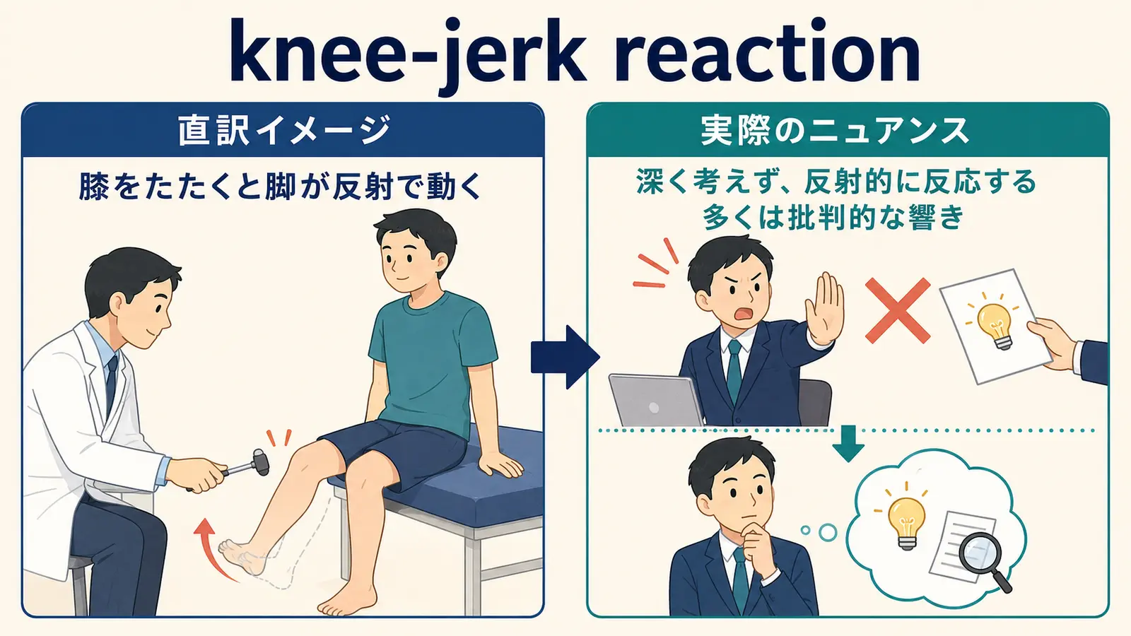 膝をたたくと脚が反射で動く現象と、深く考えず反射的に反応するknee-jerk reactionのニュアンスを比較したイラスト