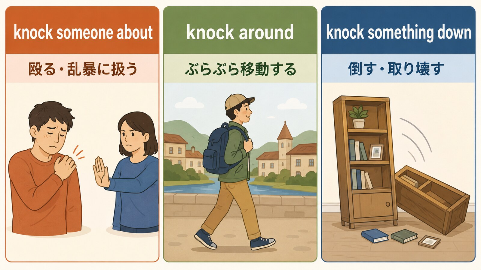 knock someone about・knock around・knock something downの違いを示す解説図