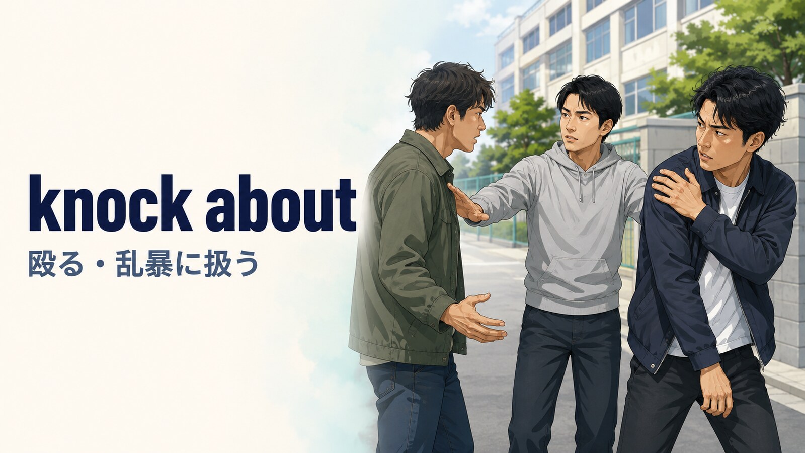 knock about(殴る・乱暴に扱う)の意味を表すアイキャッチ画像