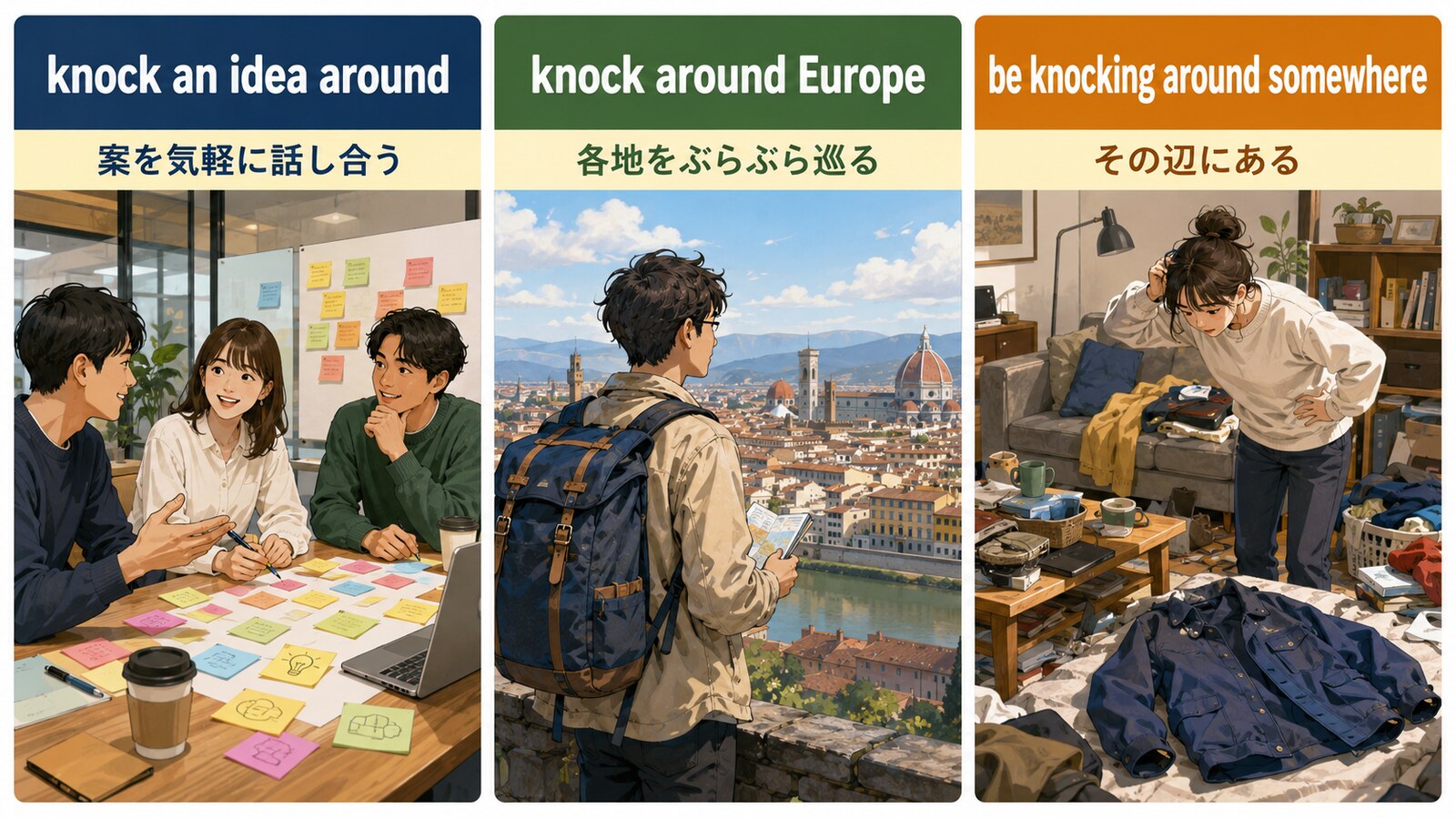 knock an idea around・knock around Europe・be knocking around somewhereの違いを示す解説図
