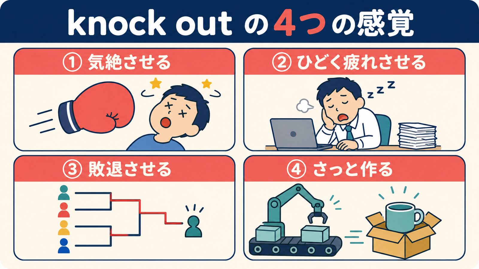 knock outの気絶させる・疲れさせる・敗退させる・さっと作るという4つの意味