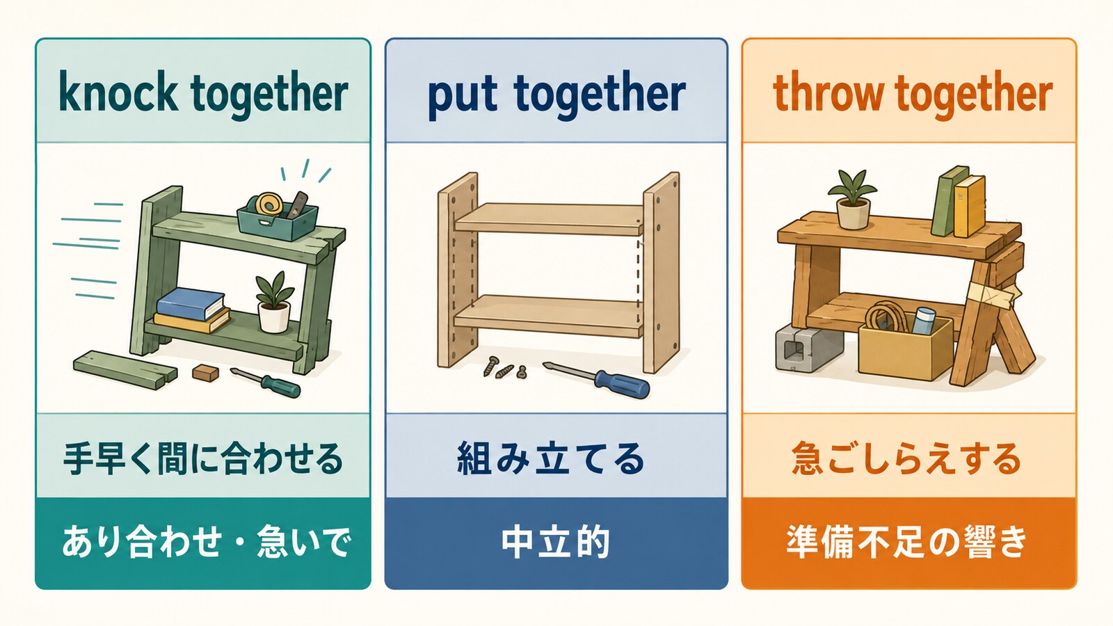 knock together、put together、throw togetherのニュアンスの違いを比較した図