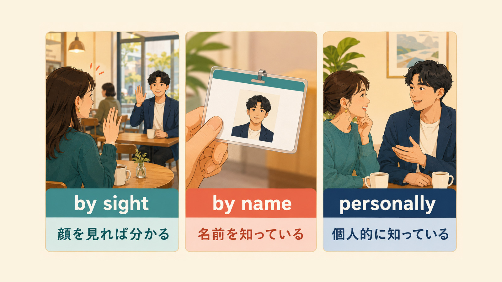 by sight・by name・personallyの知り方の違いを比較する図