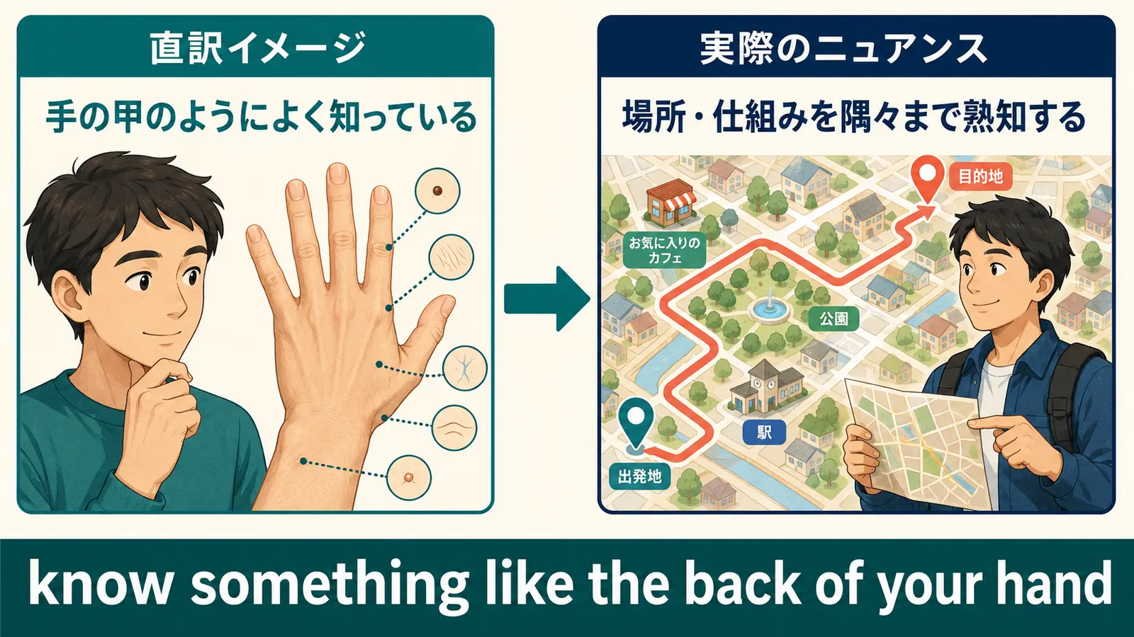 know something like the back of your handの直訳「手の甲のようによく知っている」と実際のニュアンス「場所や仕組みを隅々まで熟知する」の比較