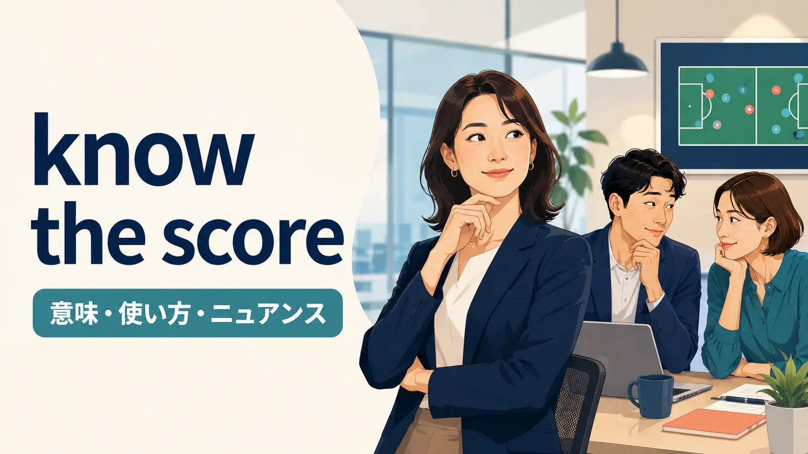 know the scoreの意味・使い方・ニュアンスを職場の事情を理解する場面で表したアイキャッチ画像