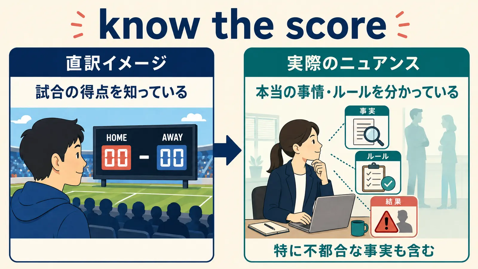 know the scoreの直訳イメージ「試合の得点を知る」と実際の意味「本当の事情やルールを分かっている」を比較したイラスト