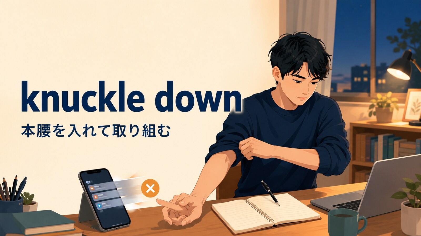knuckle downの意味「本腰を入れて取り組む」を解説するアイキャッチ画像