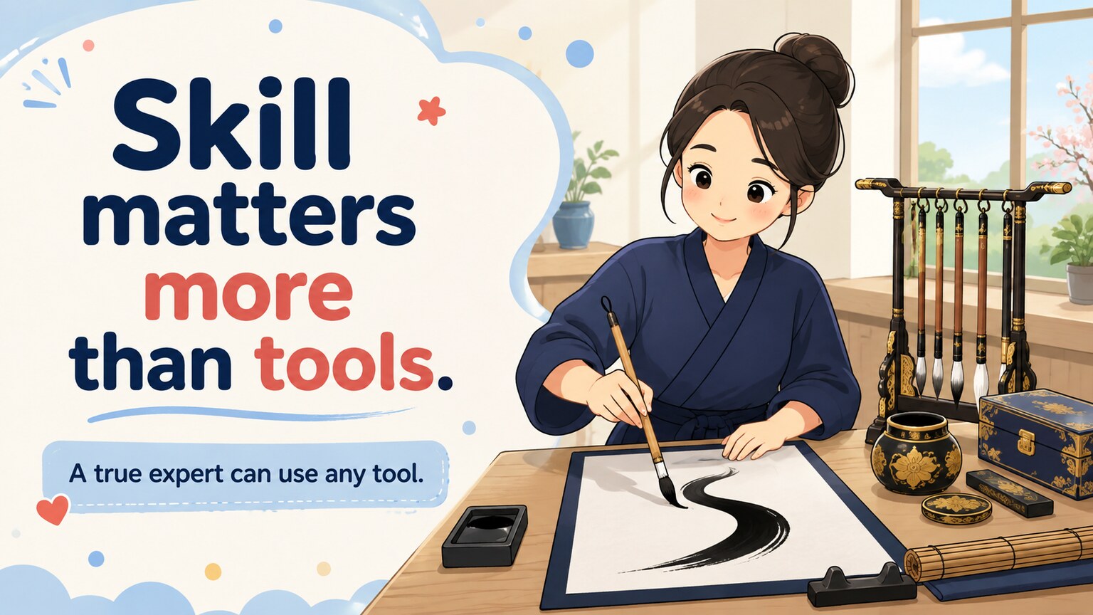 弘法筆を選ばずを Skill matters more than tools. で表すイラスト
