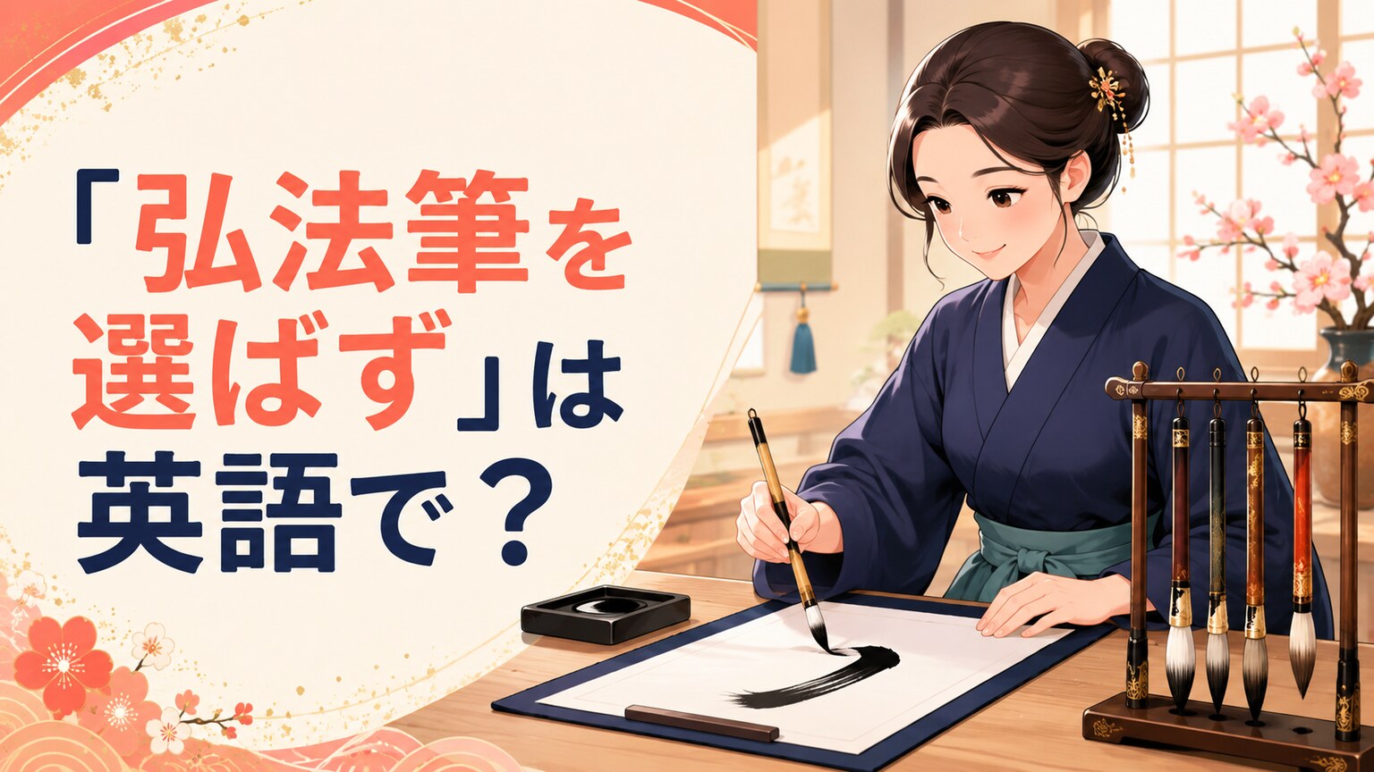 シンプルな筆で美しい書を書く女性のイラスト