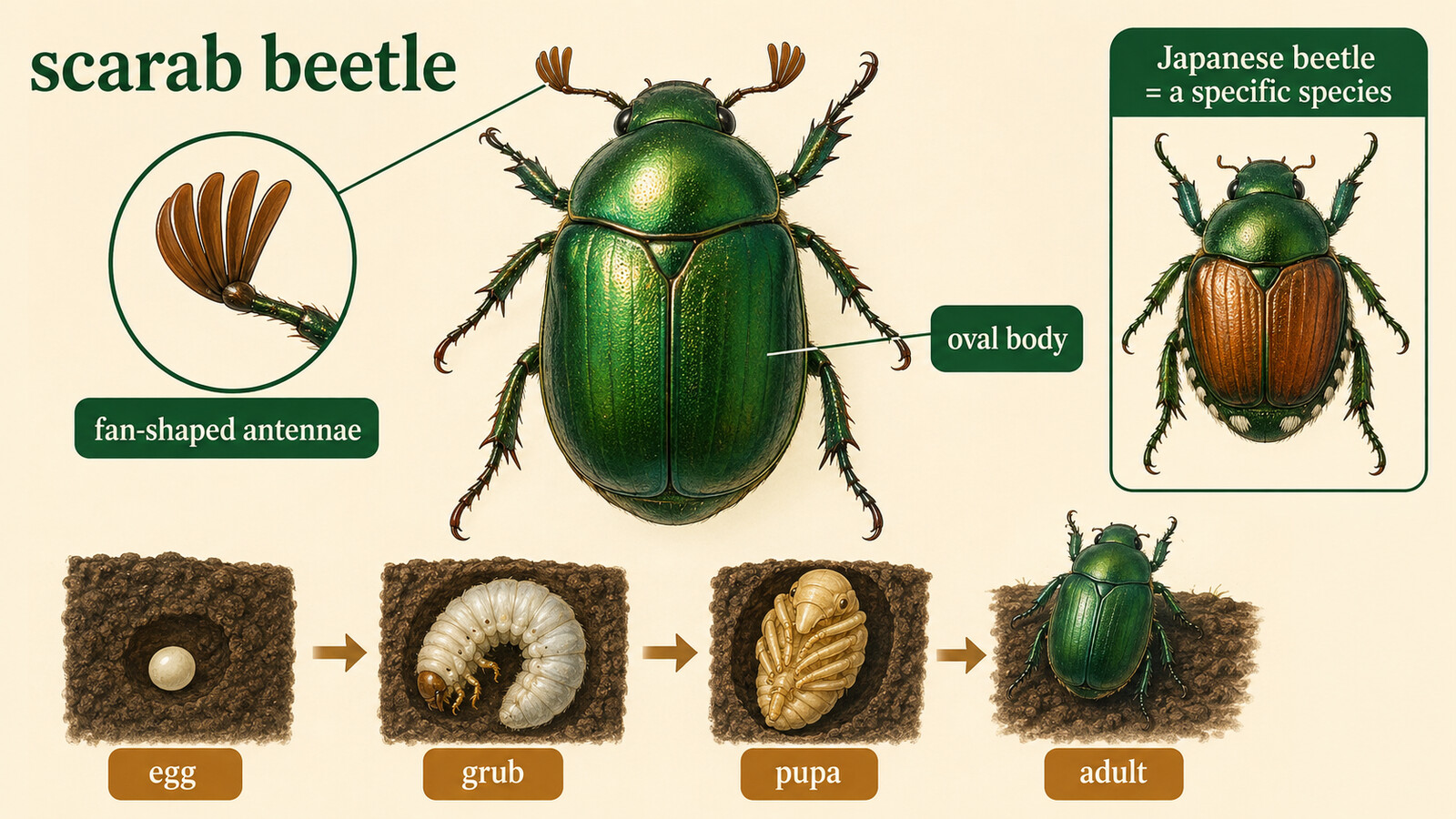 scarab beetleの扇状の触角と丸い体、卵・幼虫・蛹・成虫、Japanese beetleとの違いを示す英語図解