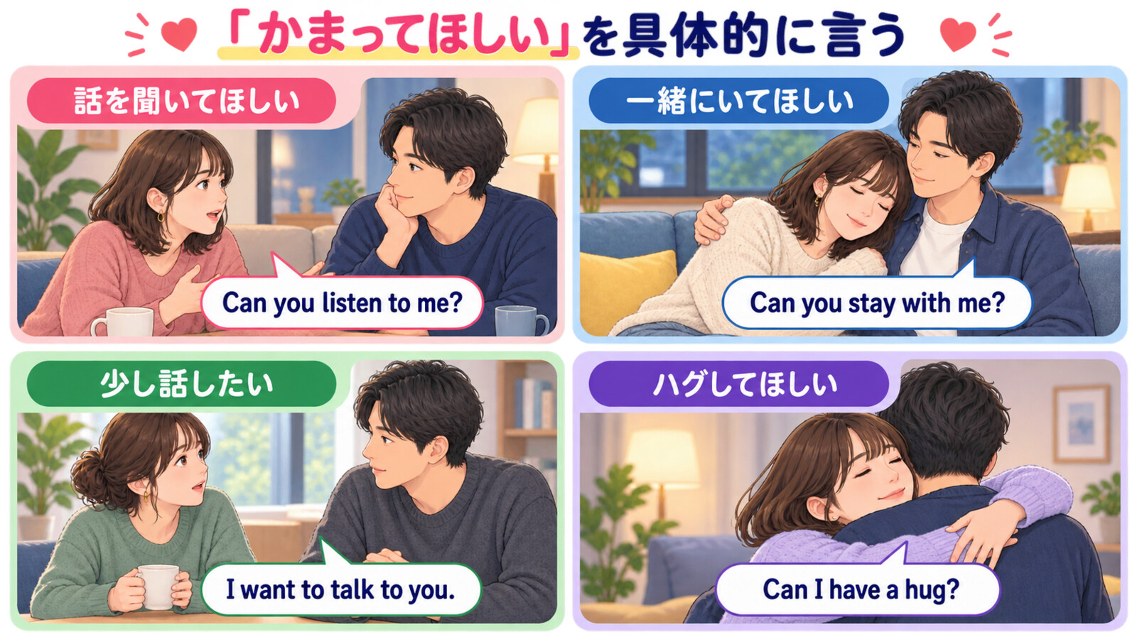 かまってほしいを話を聞いてほしい、一緒にいてほしい、話したい、ハグしてほしいに分けた英語解説図