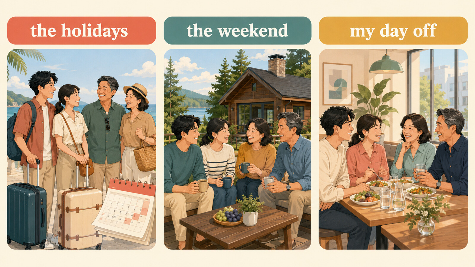the holidaysとthe weekendとmy day offの違いを示すイラスト