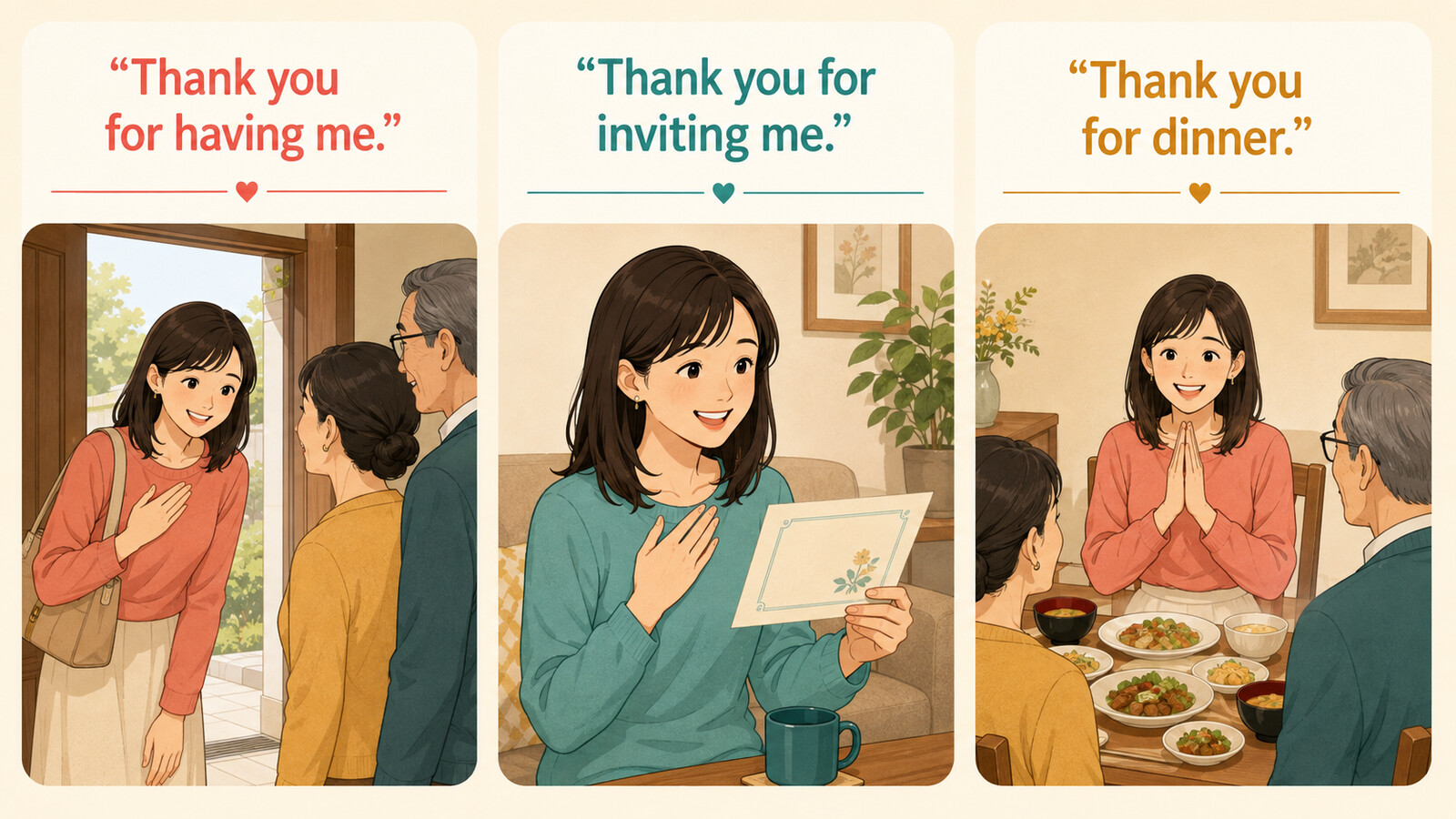 Thank you for having meとinviting meとdinnerの違いを示すイラスト