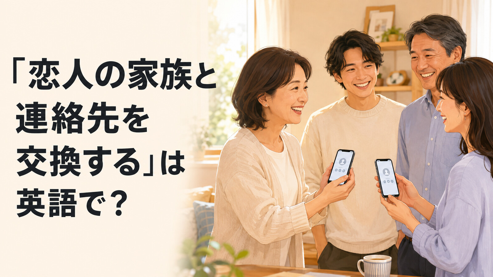恋人の家族とスマートフォンで連絡先を交換する場面